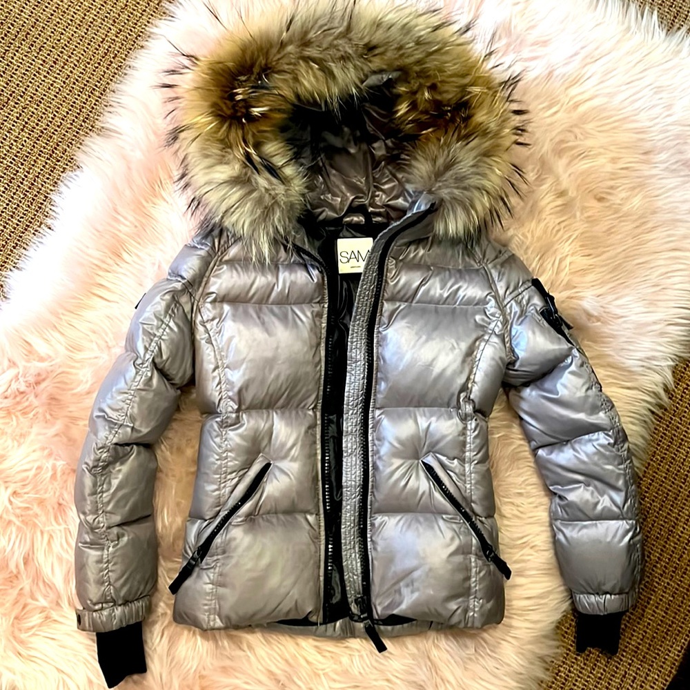 Girls SAM down jacket silver with fur trim